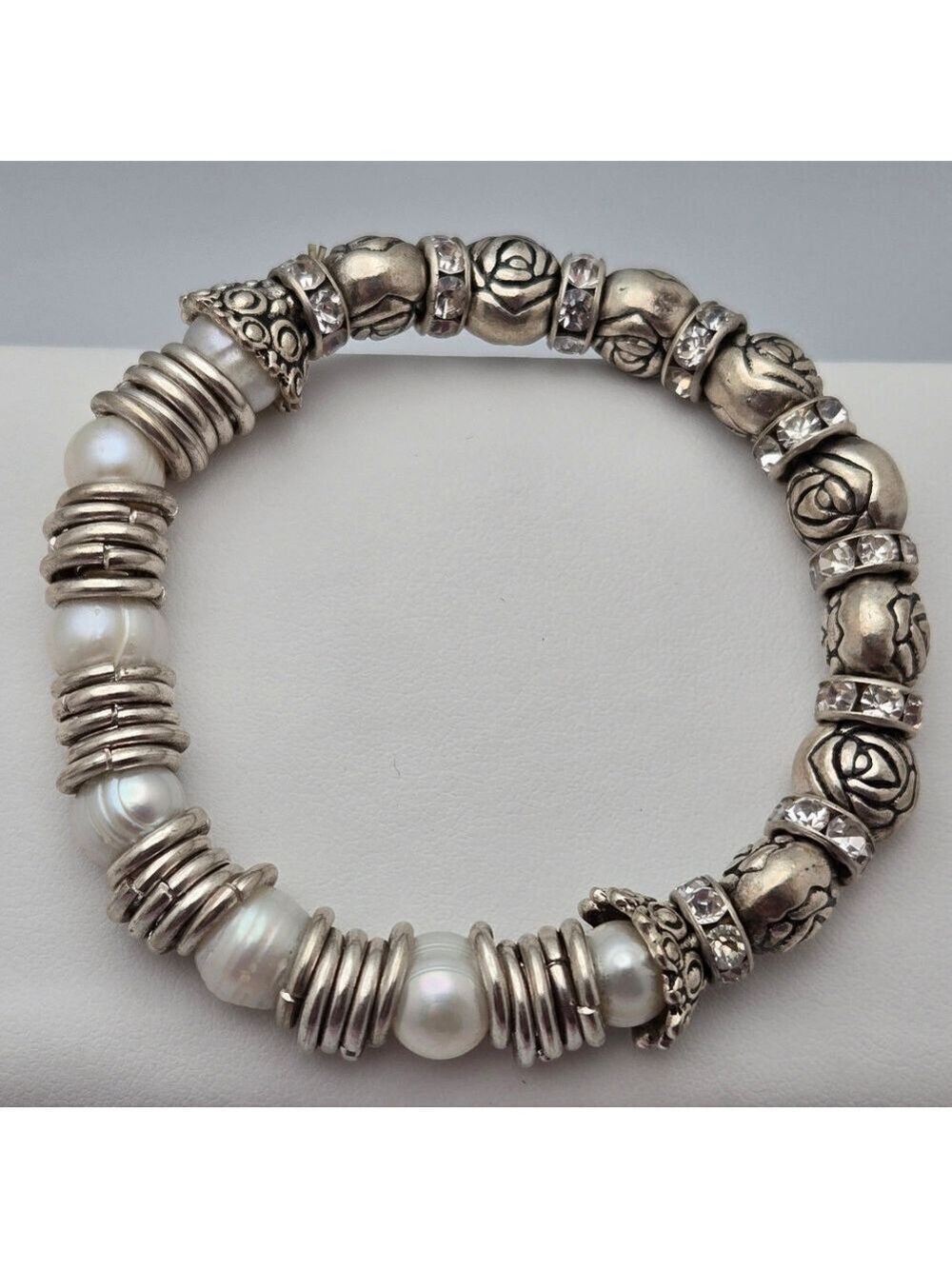 Natural Pearl & Silver Tone Beaded Stretch Bracelet 8.5”